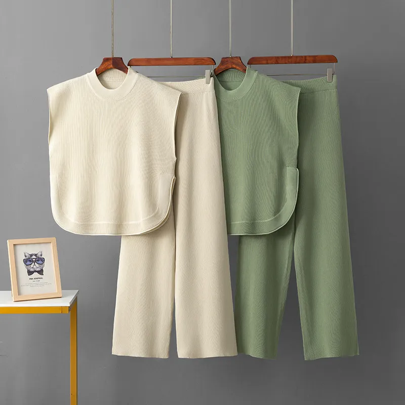 跨境欧美夏新款简约时尚宽松无袖针织坎肩上衣阔腿裤针织两件套女