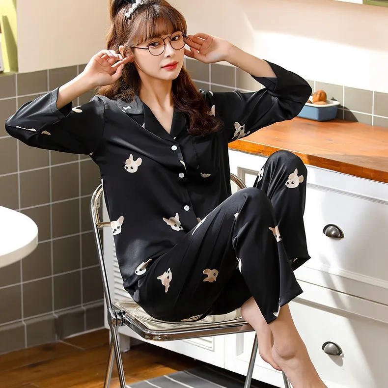 跨境秋季睡衣女日系高级感斗金狗开衫丝绸长袖两件套家居服可外穿