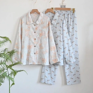 100%A类纯棉通用休闲双层棉纱小狗条纹长袖翻领开衫居家女款家居