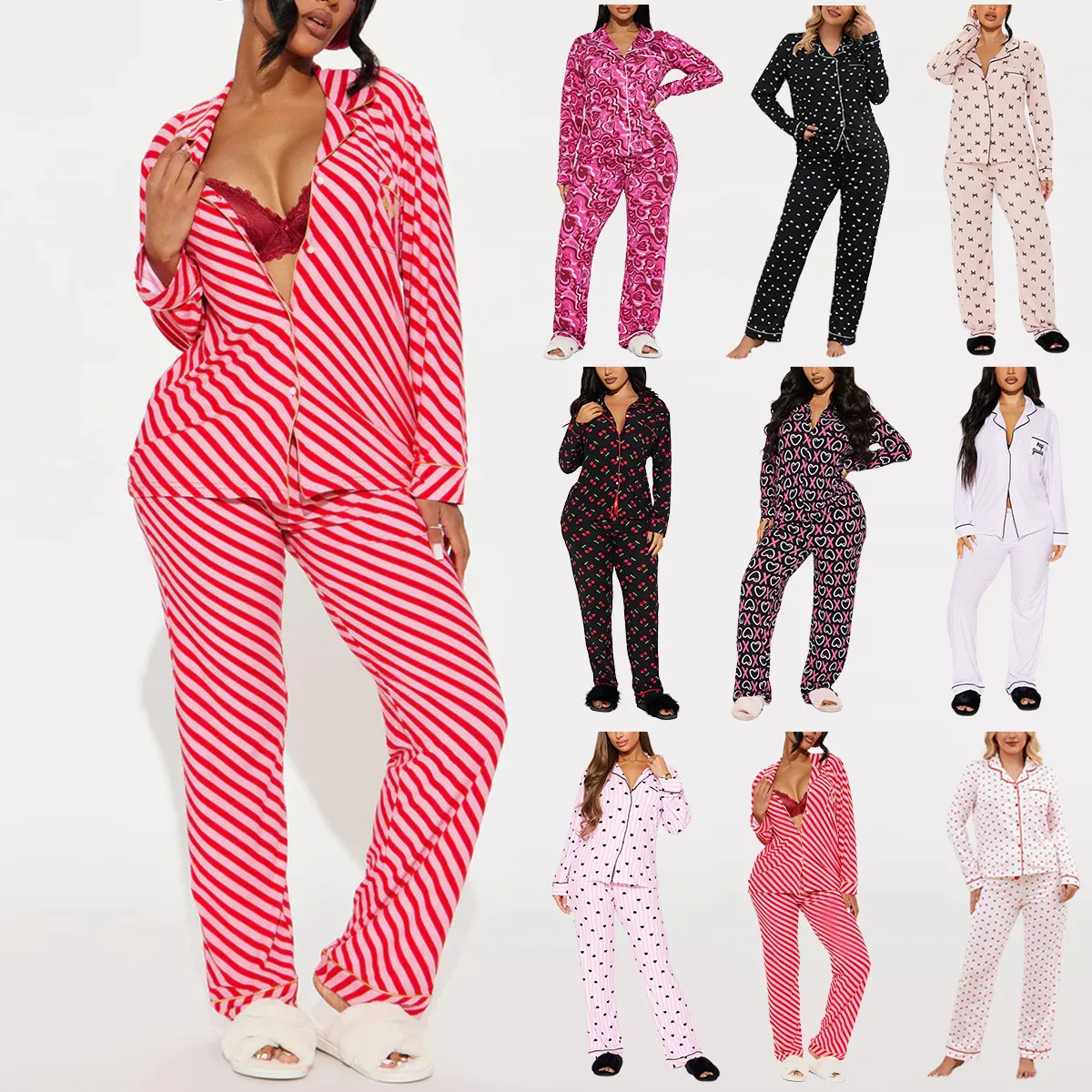 欧美跨境睡衣女秋冬季印花翻领长袖长裤两件套女士家居服pajamas