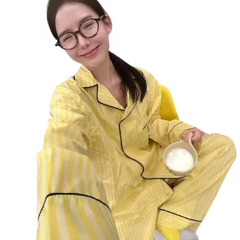 条纹衣睡衣女秋季新款大码长袖开衫长裤可外穿家居服套装