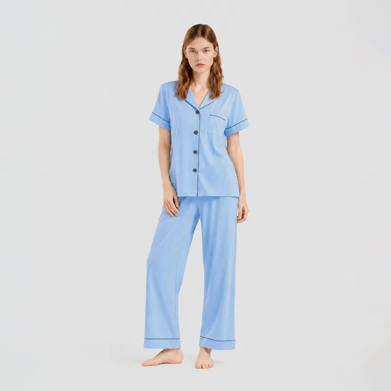 欧美休闲短袖长裤睡衣女夏季超薄棉新款翻领宽松家居服套装TZ4217