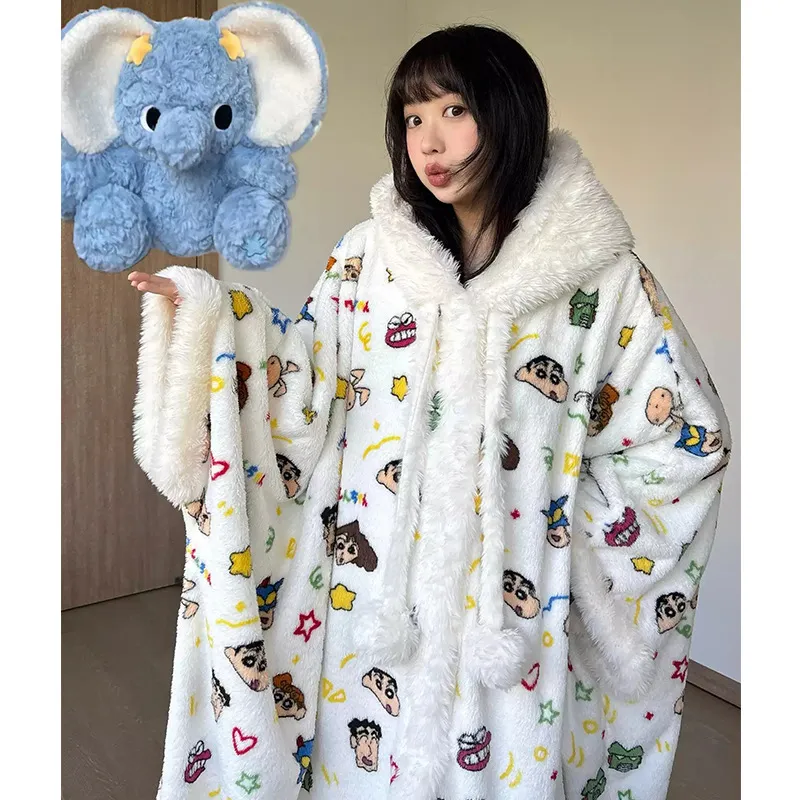 蜡笔小新睡衣女冬季珊瑚绒加绒加厚情侣斗篷披肩毛绒2025新款睡袍