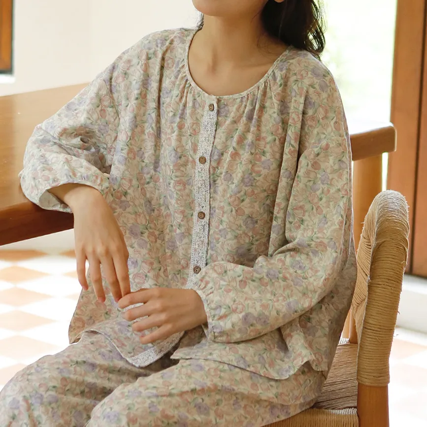 复古花边玫瑰印花森系家居服长袖长裤圆领开扣薄款全棉纱布睡衣