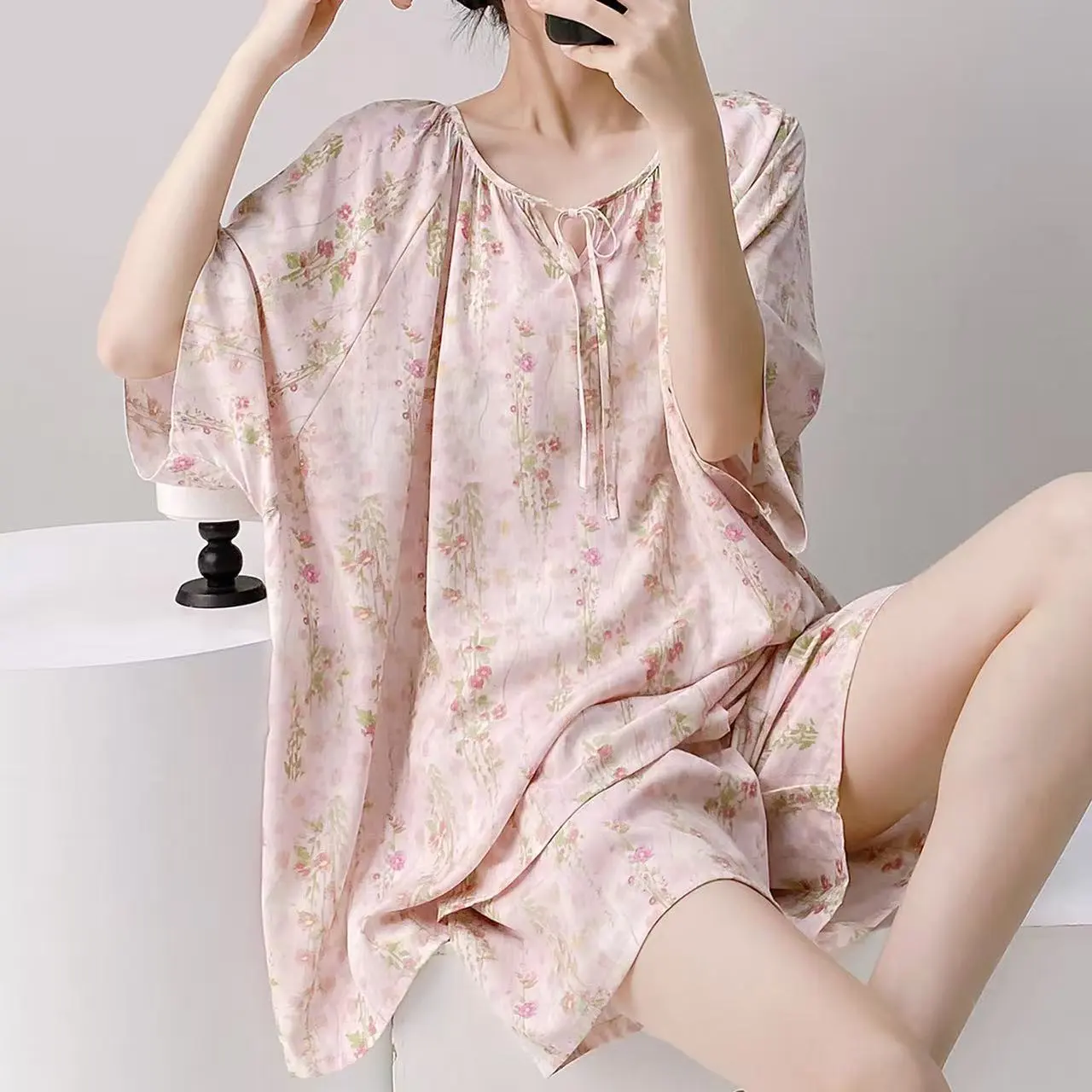 新款夏季棉绸宽松睡衣女夏薄款女士人造棉长袖慵懒短袖套装家居服
