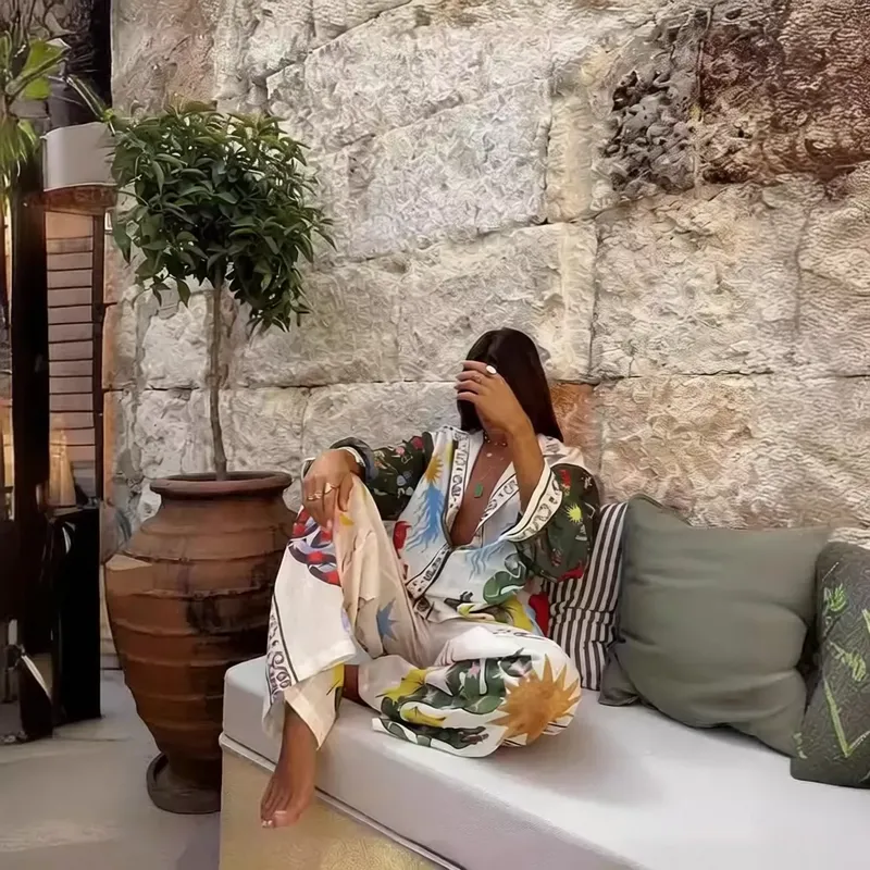 欧美 新独立站速卖通时尚个性印花马卡龙亚麻长袖衬衫套装