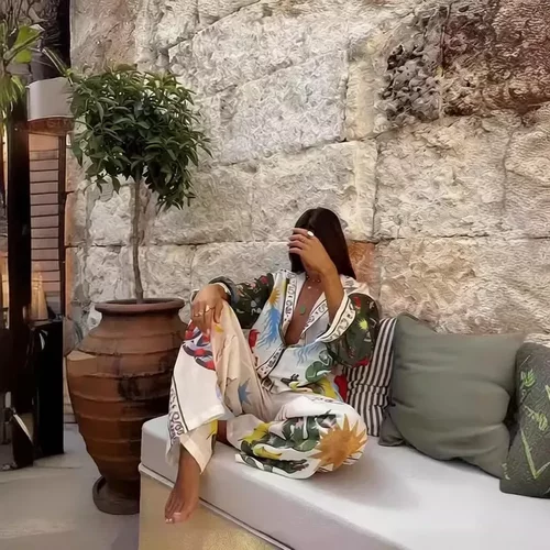 26Tropical Print Linen Shirt Set波西米亚风亚麻休闲两件套