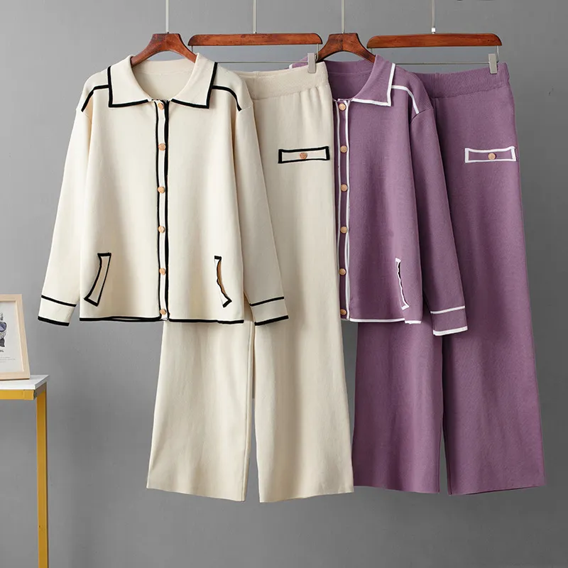 跨境temu秋冬新款毛织时尚休闲套装女欧美Polo领毛衣阔腿裤两件套