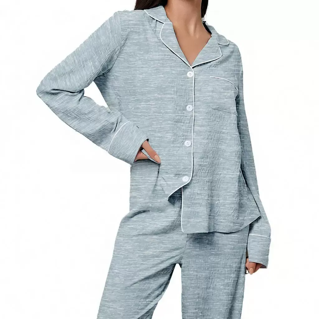 外贸女士睡衣套装四季舒适翻领长袖长裤家居服women pajamas