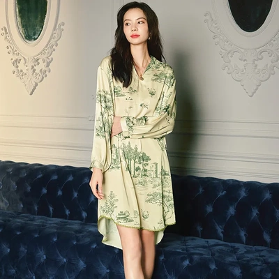 耀婷缎面雪纺睡衣女士夏季V领宽松大版朱伊绿衬衫裙家居服2657