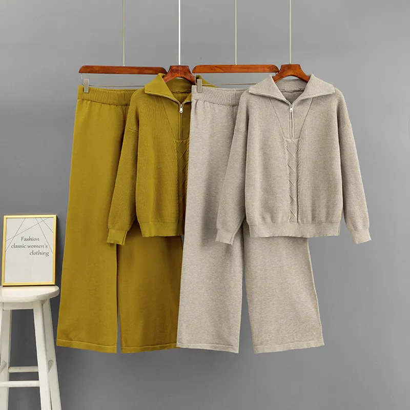 2025跨境俄罗斯秋冬拉链时尚休闲套装毛织宽松上衣+运动阔腿裤两