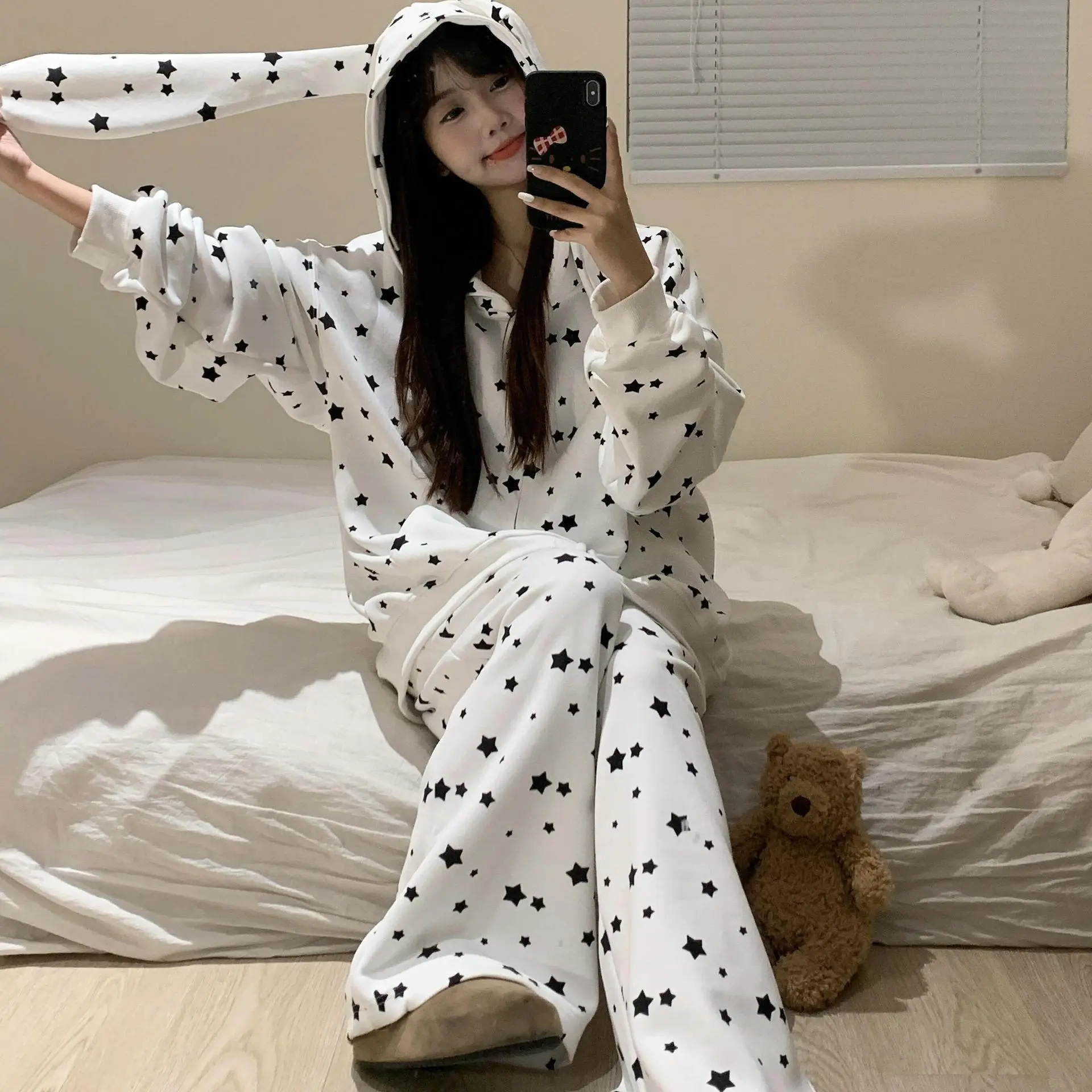 韩系繁星印花睡衣女夏季新款趣味兔子耳朵连帽长袖长裤居家服套装