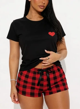 跨境睡衣女款夏爱心印花短袖t恤短裤两件套欧美女式家居服pajamas