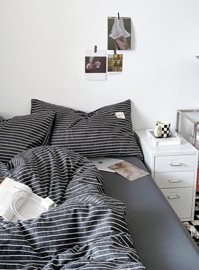 ins水洗棉四件套床上用品1.8床单被套纯色大学生宿舍三件套床笠4