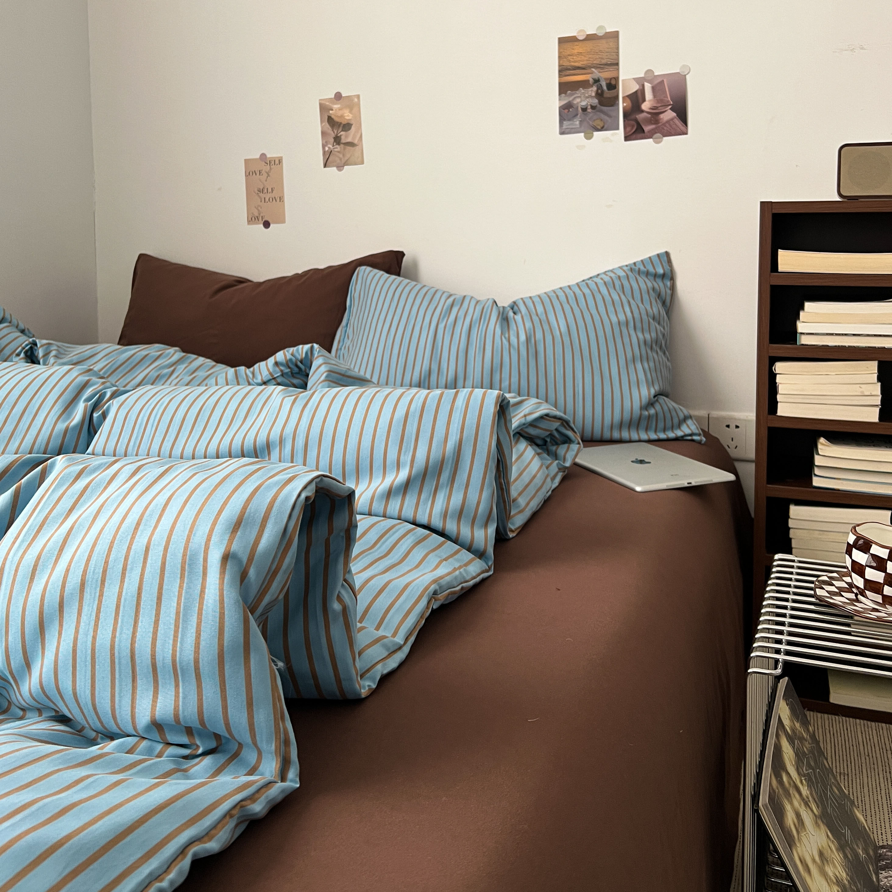 ins风床上A类四件套全棉条纹被套纯棉床单被罩学生宿舍三件套床笠