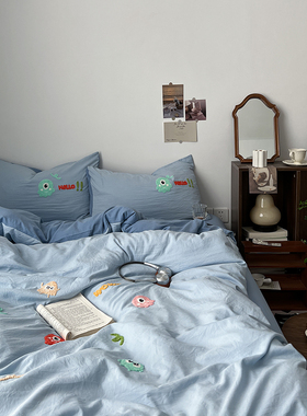 ins怪兽毛巾绣四件套床上用品被套被罩床单大学生宿舍三件套床笠4