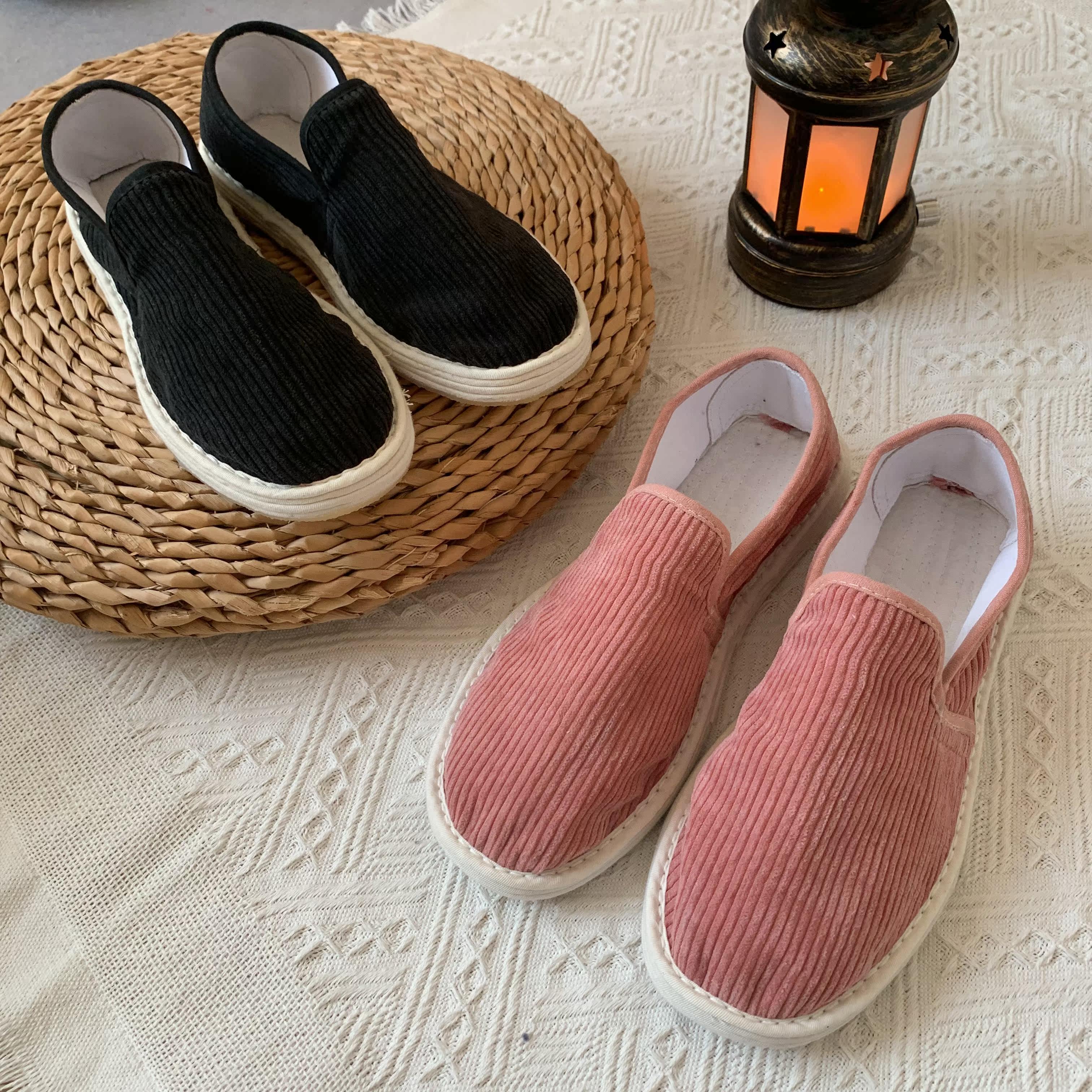 村匠农村纯手工千层底布鞋女条绒款式布鞋一脚蹬软底文艺复古单鞋