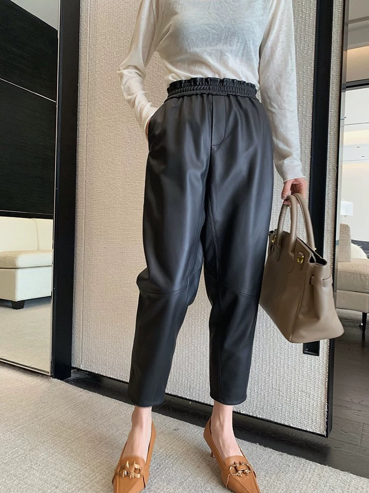 欧货2025秋冬新款百搭长裤高腰显瘦小萝卜蛋白皮裤女小脚九分裤,女装/女士精品,休闲裤,淘宝优惠券,粉丝福利购,淘宝优惠卷