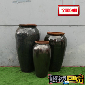 包邮黑色装饰陶罐土陶落地景观摆件大花瓶纯手工陶瓷粗陶缸插花盆