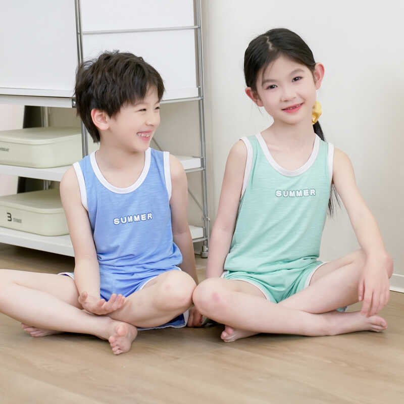 男童背心套装夏季莫代尔薄款儿童冰丝跨栏坎肩男孩女童睡衣家居服