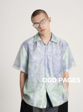 明星男女同款ODDPAGES春夏蓝色独特印花附水光纱国潮短袖衬衫