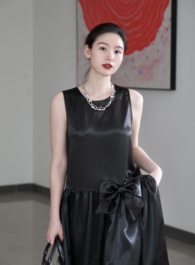 清仓！ODD PAGES原创春夏黑色三醋酸圆领可拆卸蝴蝶结高腰抽褶