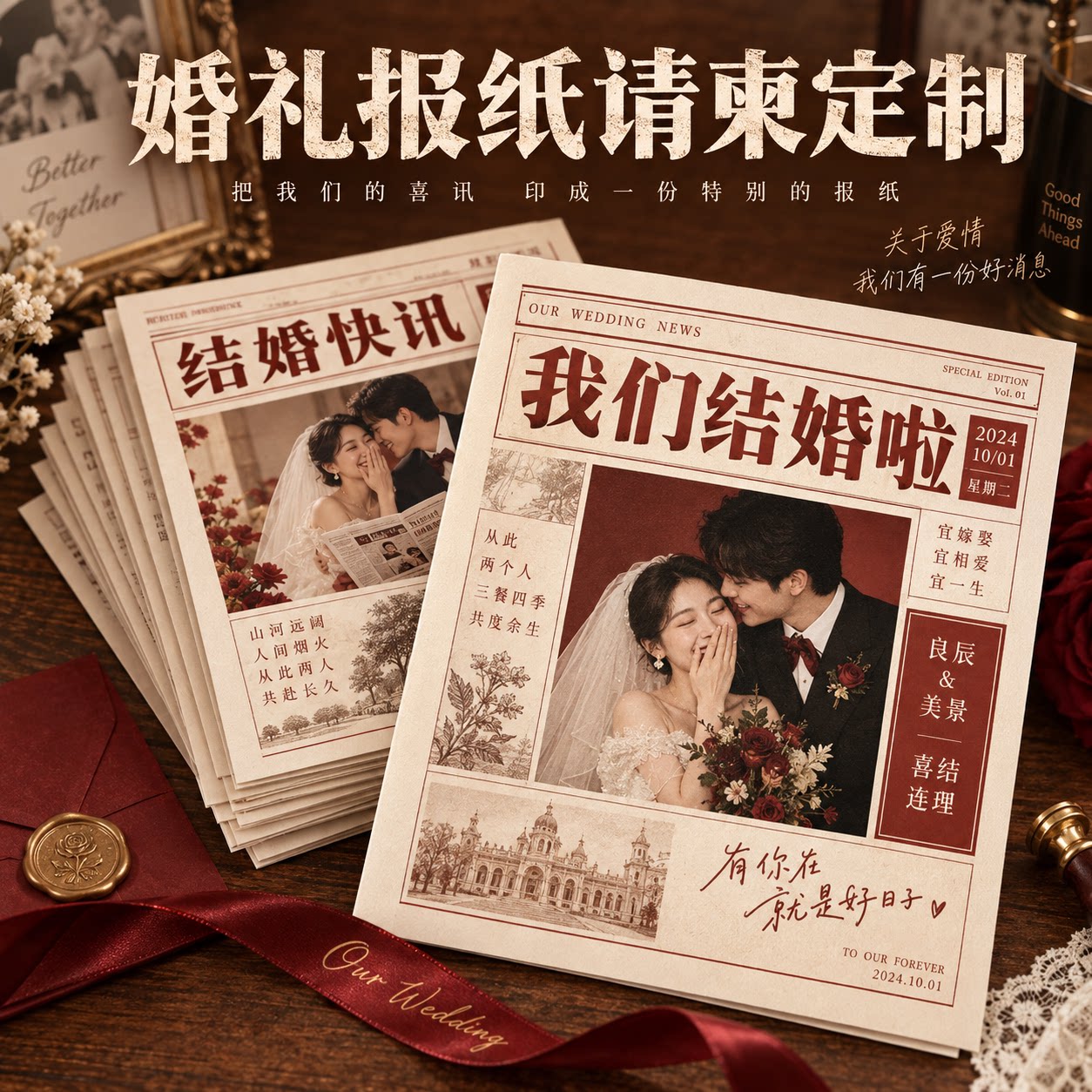 结婚报纸请柬定制婚礼喜帖请帖复古创意邀请函婚庆请柬照片logoIP