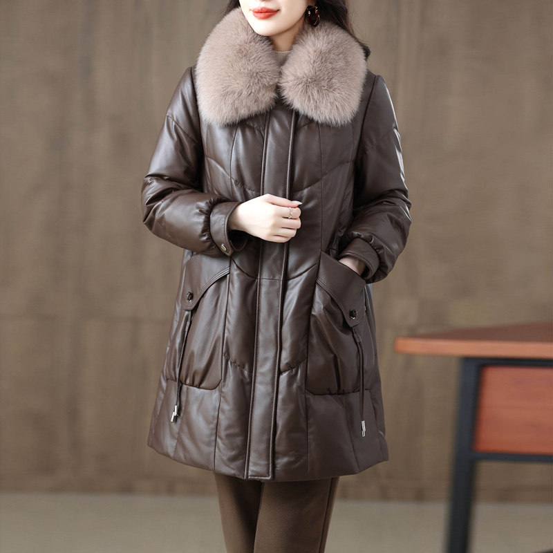 海宁高端真皮羽绒服中长款