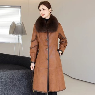 高端海宁皮草女中长款狐狸毛领獭兔毛皮毛一体外套2025冬季新款