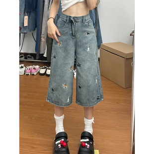 复古港风七分牛仔裤 女夏季 2025新款 小狗刺绣高腰垂感显瘦阔腿中裤