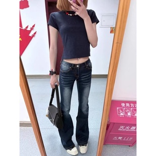 显瘦微喇拖地长裤 复古港风做旧牛仔裤 辣妹百搭弹力修身 女夏季 新款