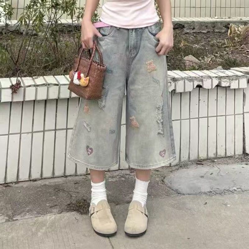 原创设计贴图刺绣牛仔短裤女夏季