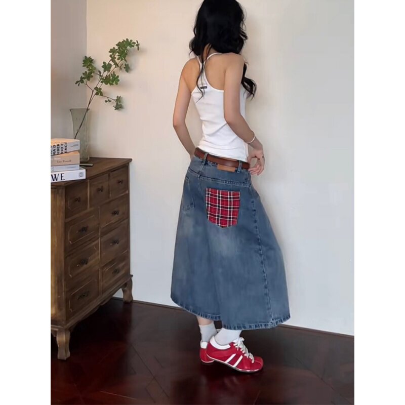韩版复古牛仔短裤女夏季新款红色格纹口袋高腰宽松显瘦七分阔腿裤