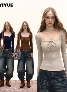 性感辣妹绑带针织长袖女秋冬季设计感方领内搭打底衫上衣