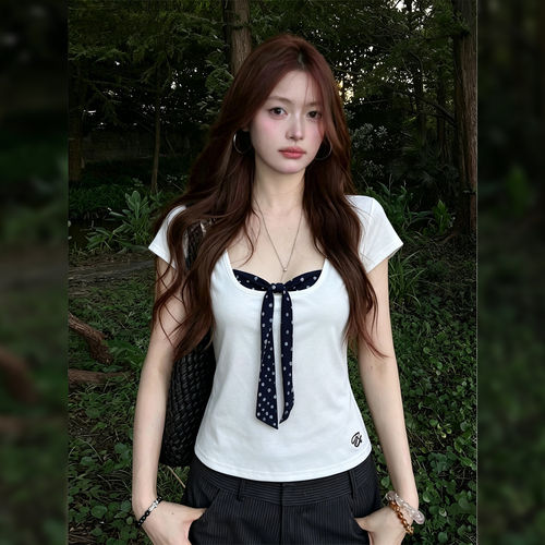 拼接假两件短袖T恤女夏百搭上衣