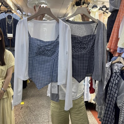 不规则下摆格子开衫夏季两件套