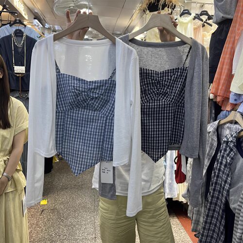 不规则下摆格子开衫夏季两件套