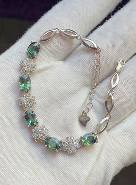 teal色天然蓝宝石手链S925银镀金镶嵌女款百搭蓝绿色彩宝饰品包邮