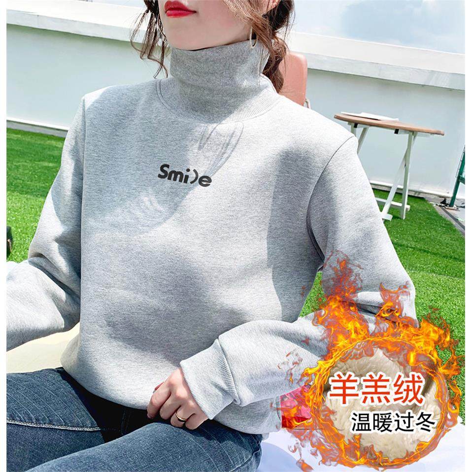 厚实保暖羊羔毛高领卫衣女秋冬新款加绒套头长袖无帽上衣打底绒衫