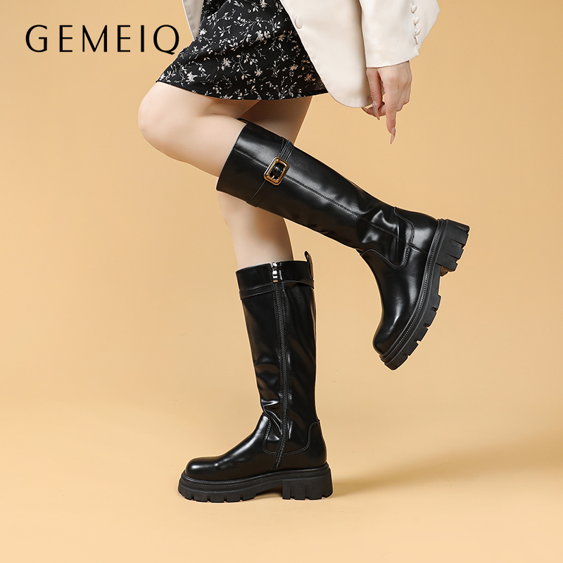 戈美其秋冬新款加绒长筒靴厚底增高小个子长靴复古亮面百搭骑士靴