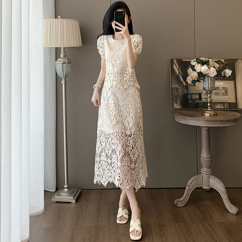 女短袖套裙夏洋气高端2025成熟上衣精致两件套御姐蕾丝时尚半身裙