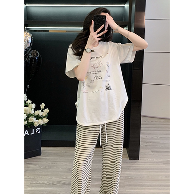 减龄条纹两件套女T恤宽松