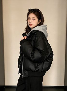 韩版卫衣连帽假两件棉服皮衣学生面包服撞色连帽羽绒棉服女外套