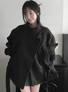 已入库 韩国东大门绑带毛呢大衣秋冬加厚大衣