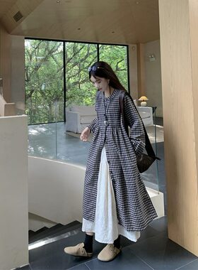 秋装新款大码女装日系慵懒风格子衬衫连衣裙简约上衣