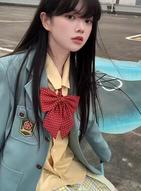 梗豆物语水玉西服绀色薄荷青绿西装外套衬衣套装学院风女