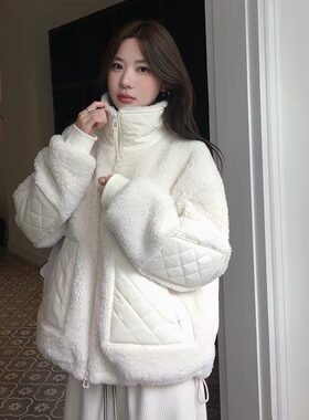 张贝贝ibell环保羊羔毛菱格绗棉设计感补丁小奶糕外套女保暖百搭