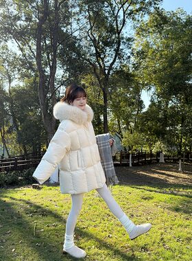 粉色羽绒棉服冬连帽加厚大毛领中长款小个子面包服外套棉衣