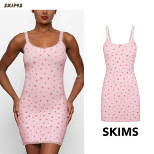 正品现货skims塑身衣卡戴珊同款粉红碎花吊带紧身性感蕾丝连衣裙