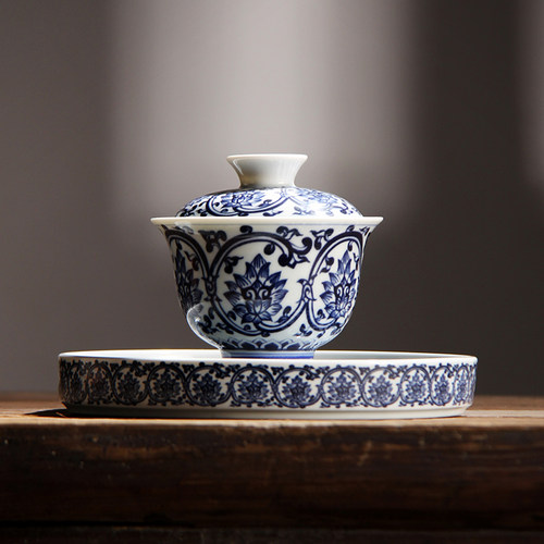 青花瓷三才盖碗景德镇蓄水壶承防烫釉下彩泡茶碗功夫茶具茶杯套装